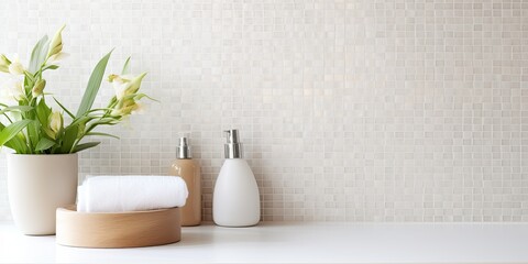 Wall Mural - Wall tiles used as a background for design products in an interior bathroom table with a white mosaic.