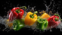 Smooth Fresh Organic Red Yellow Green Bell Pepper Paprika Vegetables Falling Into Water And Splashes Created With Generative AI Technology