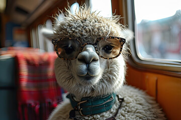 smart alpaca dressed up tourist on a business class plane