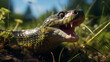 snake in the grass, Grass-snake, natrix emerging with its tongue protruding from the terrace of a country home