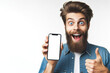 happy man with Huge Eyes surprised expression hold smartphone with white mockup screen. ai generative