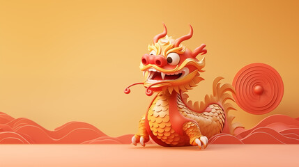 Chinese New Year seasonal social media background design with blank space for text. Cute Chinese traditional red and gold dragon on yellow background.