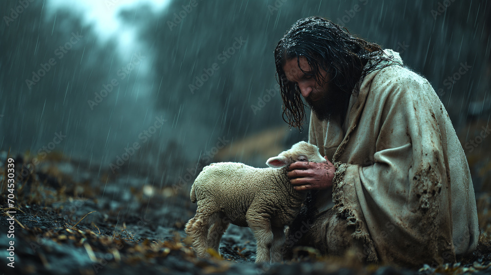 Foto de Stock Jesus sucht das verlorene Schaf | Adobe Stock