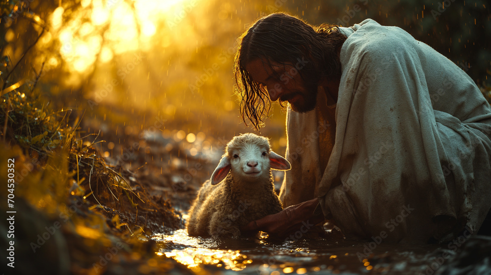 Jesus sucht das verlorene Schaf Stock Photo | Adobe Stock