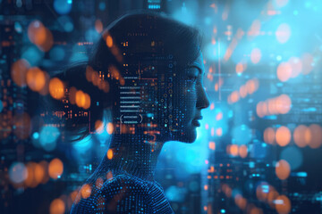 double exposure image of virtual human 3dillustration on programming and learning technology background