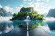  floating road with tropical island. piece of land with waterfall and ocean with beautiful landscape