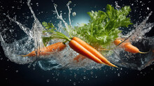 Smooth Fresh Organic Raw Carrot Vegetables Falling Into Water And Splashes Created With Generative AI Technology