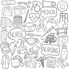Wall Mural - Nurse Doodle Icons Black and White Line Art. Nursering Clipart Hand Drawn Symbol Design.