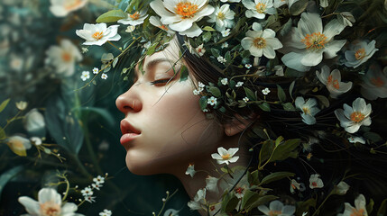 Wall Mural - Captivating portrait of woman with flowers growing from her hair, AI Generated