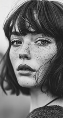  Black and white photography of a natural woman. She has some freckles and a short bob and bangs. She looks into the camera. Soft atmospheric scenes, powerful portraits.