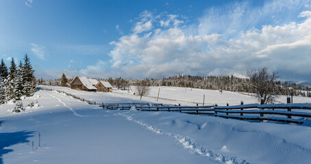 Wall Mural - Countryside hills, groves and farmlands in winter remote alpine mountain village