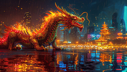 Wall Mural - chinese new year golden dragon, generative ai
