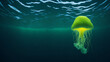 fluorescent yellow Jellyfish floating in the sea. Underwater scene. 3D rendering
