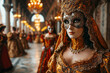 An elegant masquerade ball during the Venetian Carnival, dancers in exquisite period costumes and intricate masks, opulent ballroom setting with chandeliers and marble floors, rich, and luxurious