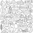 © josepperianes - Hiking Doodle Icons Black and White Line Art. Activity Clipart Hand Drawn Symbol Design.