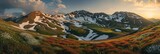 Fototapeta Góry - Huge mountain range with snow and wildflowers in valley. Alpine scenery concept with summer atmosphere. Springtime panoramic landscape of Caucasus mountains. Nature beauty, spring. Banner, header