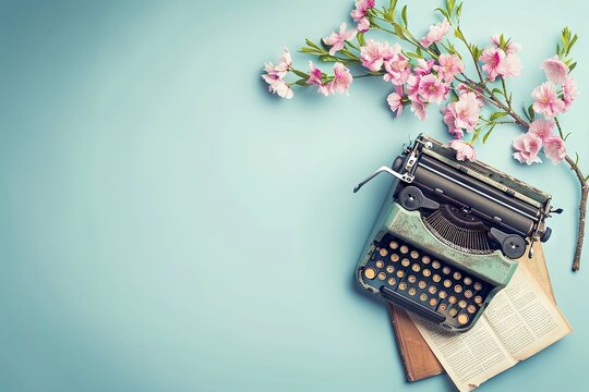 Vintage typewriter with blank paper on blue wooden table background. Sakura blossom branch with delicate pink flowers. Spring concept with copy space for text 