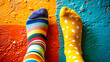 legs in two different colorful socks on a colorful floor