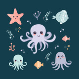 Fototapeta  - Set of clip art with cute sea inhabitants, starfish, octopus, fish on a white background. Awesome characters for children's textiles, clothing, cards and wallpaper.