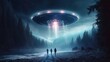 Mysterious aliens creatures standing in front of unidentified flying object ufo on the planet earth