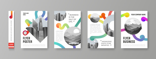 Poster - Brochure design. Graphic corporate flyer template. 3D shapes in layout. Abstract cover for annual report. Colorful art. City landscape. Business posters set. Vector creative backgrounds
