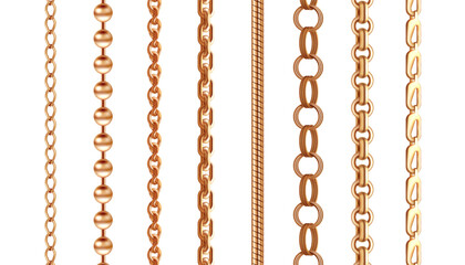 Gold chain. Golden bracelet pattern. Baroque expensive rope for necklace strength stripe. Jewelry border ornament. Shiny precious metal links. Luxury accessory. Vector jewel frames set