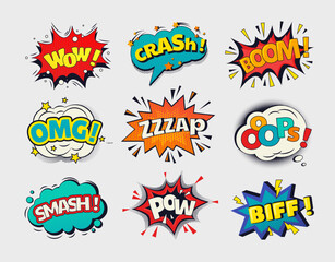 Poster - Comic boom. Pop art effect. Speech bubble. Bang cloud. Wow balloon. Onomatopoeia patterns. Bomb burst. OMG and Oops retro stickers. Vector cartoon sound or crash funny elements set