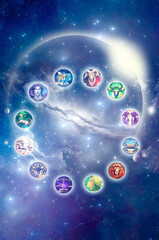 all zodiac signs in illustrated style over mystic planet alike neptune or moon with galaxy like astr