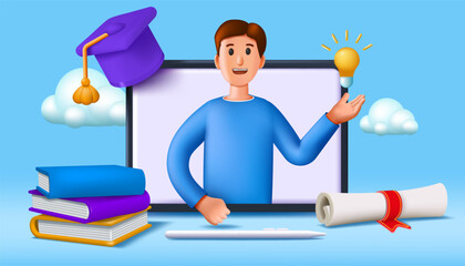 Poster - 3D teacher. Student training online. People character on English course or class in computer. Render laptop and books stack. University education. Graduate diploma. Vector concept icon