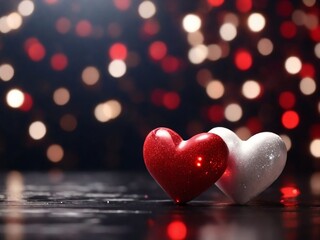 wo heart-shaped stones on a bokeh background create a romantic and love-filled ambience, perfect for a Valentine's concept. Ample copy space is available.