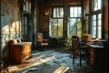 Wall Mural - Sunrays pierce through the windows of a dilapidated vintage office, highlighting the decay and desolation