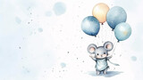 Fototapeta Dziecięca - copy space, birthday card in watercolor style, pastel blue colors and golden glitters, sweet boyish mouse holding balloons. Cute birth announcement card. Template voor birth cards, cute baby announcem