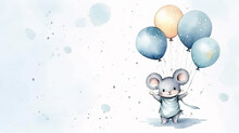 Copy Space, Birthday Card In Watercolor Style, Pastel Blue Colors And Golden Glitters, Sweet Boyish Mouse Holding Balloons. Cute Birth Announcement Card. Template Voor Birth Cards, Cute Baby Announcem