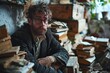 contemplative man with glasses sits amidst an overflowing collection of books in a cluttered room