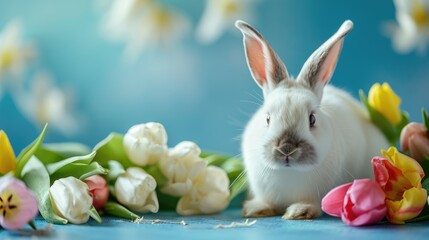 Easter bunny with tulips flower on a blue background