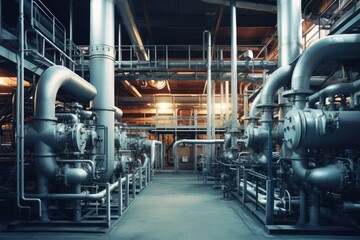 Poster - Modern industrial building with pipes, heat exchangers and valves.