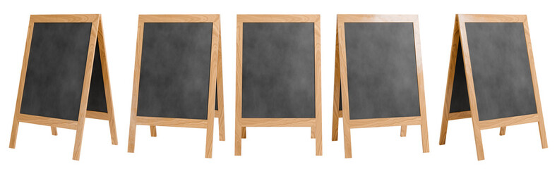 Portable street advertising board. Wooden sandwich panel with blackboard. 3D rendered set.