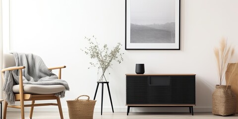 Poster - Scandinavian living room with black mock up poster frame, design commode, dried flower in vase, black rattan basket, books and elegant accessories.