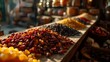 A mix of dried fruits and nuts on a rustic wooden background, selective focus