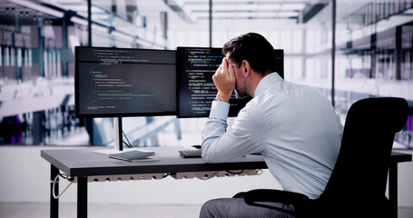 Aufkleber - Unhappy Sad Developer Programmer Man In Stress Coding Software