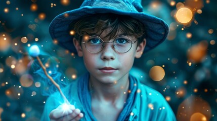 Wall Mural - Wizard boy in eyeglasses with magic wand and magic hat