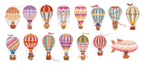 Fototapeta Pokój dzieciecy - Cartoon animals flying on hot air balloons. Retro flying dirigibles and hot air balloon with animals on board flat vector illustration set. Cute characters flying on air transport