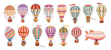 Cartoon animals flying on hot air balloons. Retro flying dirigibles and hot air balloon with animals on board flat vector illustration set. Cute characters flying on air transport