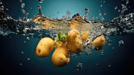 Wall Mural - Smooth Fresh organic raw Potato Vegetables falling into water and splashes