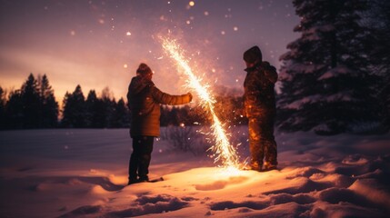 Wall Mural - two burning sparklers in snow, new year, whishes, 16:9