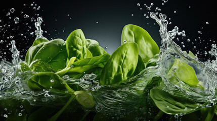 Wall Mural - Smooth Fresh organic raw green Spinach Vegetables falling into water and splashes