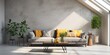 Luxurious living room with a sunny loft interior and a grey sofa.