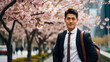 Modern happy young smiling Asian business man on the background of pink cherry blossoms and metropolis city.
