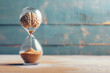 Human brain in hourglass, medical and psychology concept, brain aging, memory loss, Alzheimer's disease, mental health, thinking process, lifetime. Time is running, flow of time, passing countdown.