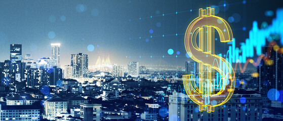 Aufkleber - Growing forex chart arrow and dollar on blurry wide night city background. Financial growth, money and success concept. Double exposure.
